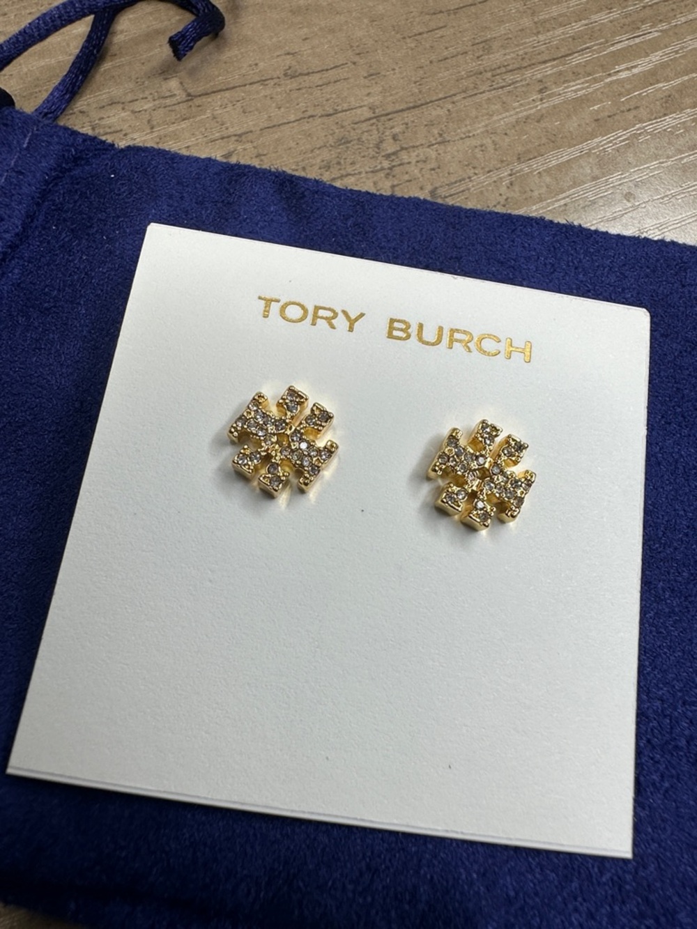 Tory Burch Gold Crystal Logo Stud Earrings